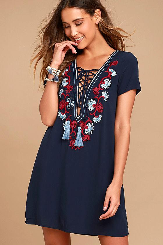 Lulus | Lyrical Winds Navy Blue Embroidered Lace-up Dress | Size Medium | 100% Rayon