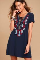 Lulus | Lyrical Winds Navy Blue Embroidered Lace-up Dress | Size Medium | 100% Rayon