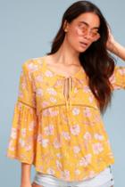 Amuse Society Nicely Put Golden Yellow Floral Print Flounce Sleeve Top | Lulus