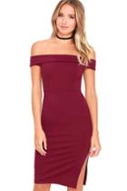 Lulus | Foxy Lady Burgundy Off-the-shoulder Bodycon Dress | Size Large | Red