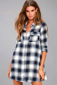 Lulus Weekend Game Navy Blue Plaid Shirt Dress