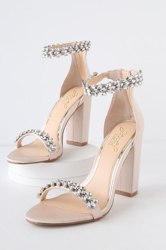 Jewel By Badgley Mischka Mayra Champagne Satin Rhinestone Ankle Strap Heels | Lulus