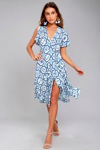 Lulus Painted Tile Blue Print Wrap Midi Dress