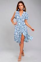 Lulus Painted Tile Blue Print Wrap Midi Dress