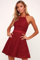 Twirling Around Wine Red Lace Skater Dress | Lulus
