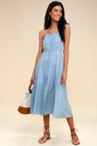 Celia Blue Chambray Button-up Midi Halter Dress | Lulus