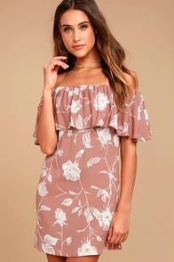 Roe + May Ravello Blush Pink Floral Print Off-the-shoulder Dress