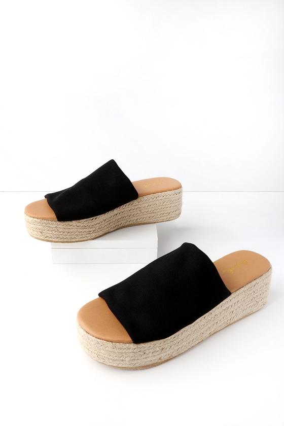 Qupid O'ahu Black Flatform Espadrille Slides | Lulus
