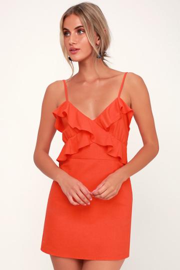 So Happy Coral Red Ruffled Mini Dress | Lulus