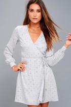 Lulus Wandering Soul Gold And Grey Polka Dot Wrap Dress