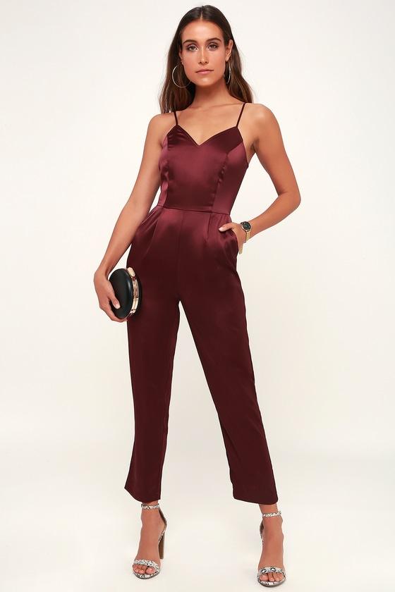 Touch Of Heaven Burgundy Satin Sleeveless Jumpsuit | Lulus