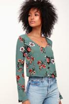 Blissful Blooms Teal Blue Floral Print Long Sleeve Crop Top | Lulus
