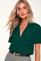 Good Luck Charm Dark Green Short Sleeve Button-up Top | Lulus