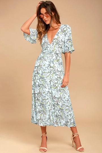 Somedays Lovin' | Woodland Days Light Blue Floral Print Midi Dress | Size Medium | Lulus