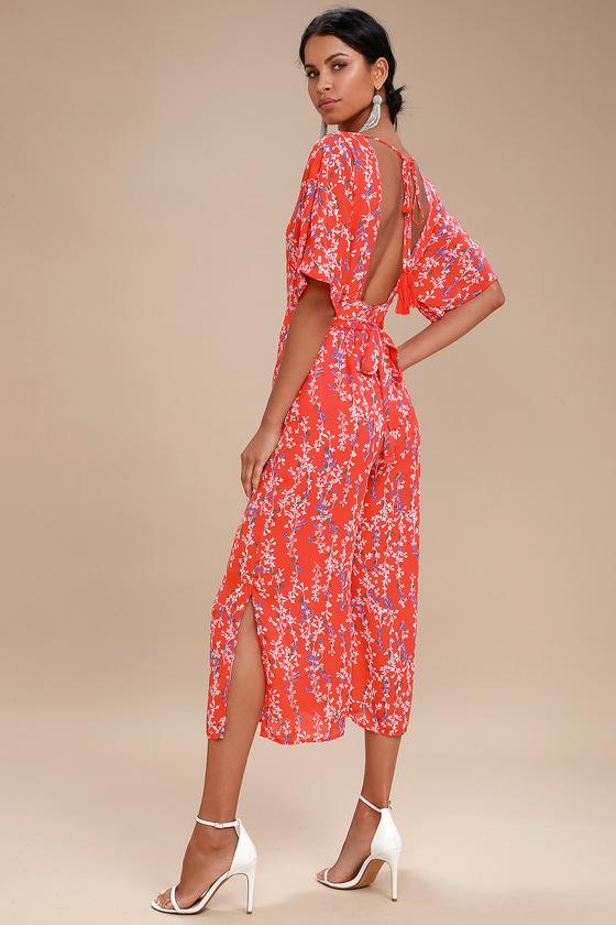 Moon River Fiore Coral Red Floral Print Backless Jumpsuit | Lulus