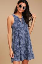 Z Supply All Tied Up Denim Blue Print Lace-up Swing Dress