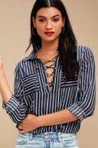 Stylistic Reins Navy Blue Striped Long Sleeve Lace-up Top | Lulus
