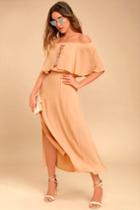 Somedays Lovin' | Touch The Sun Nude Off-the-shoulder Midi Dress | Size Small | Beige | 100% Polyester | Lulus