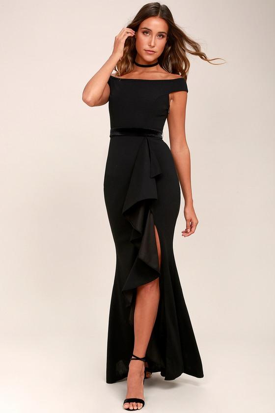 Lulus | Ballroom Bound Black Off-the-shoulder Maxi Dress | Size Small | 100% Polyester