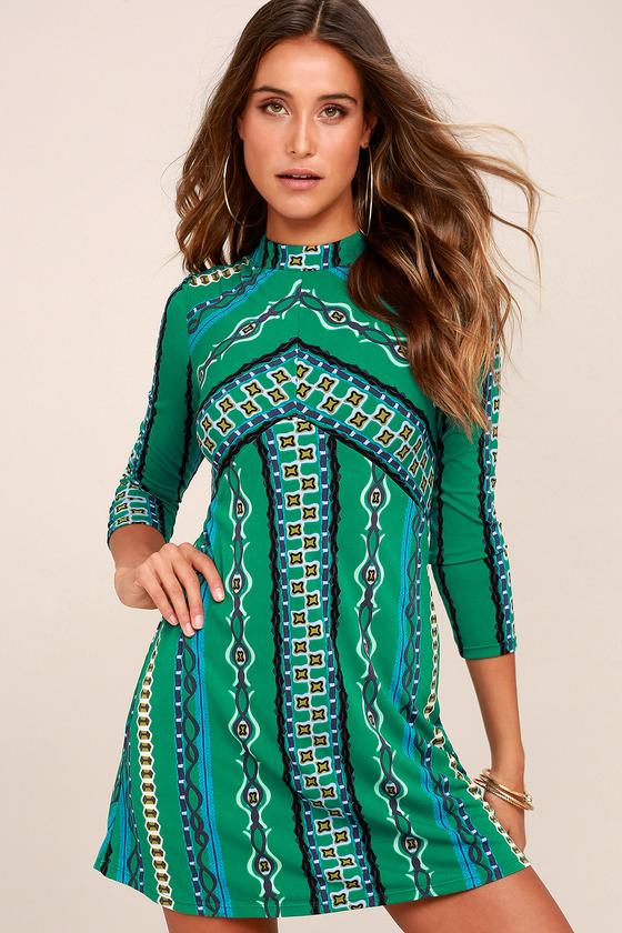 Free People | Stella Green Print Long Sleeve Mini Dress | Size Small | Lulus