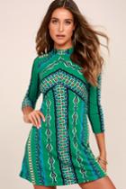 Free People | Stella Green Print Long Sleeve Mini Dress | Size Small | Lulus