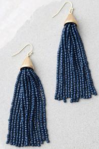 Lulus Countdown Gold And Navy Blue Beaded Tassel Earrings
