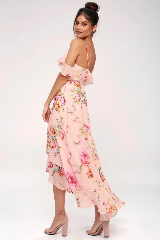 Ella Blush Pink Floral Print Off-the-shoulder Midi Wrap Day Dress | Lulus