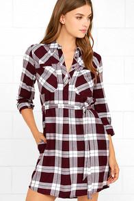 Olive & Oak Glamping Grounds Burgundy Plaid Long Sleeve Dress