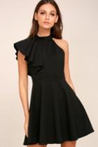 Lulus | Chic Goals Black One-shoulder Skater Dress | Size Small | 100% Polyester