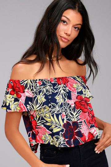Lulus | Tiki For Two Red Print Off-the-shoulder Top | Size X-large