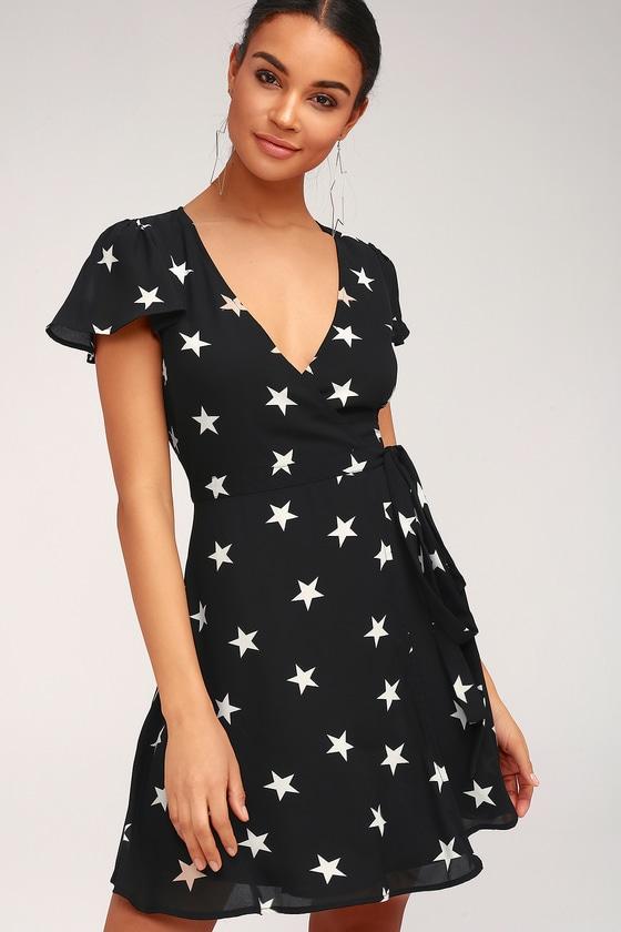Star Struck Love Black Star Print Wrap Dress | Lulus