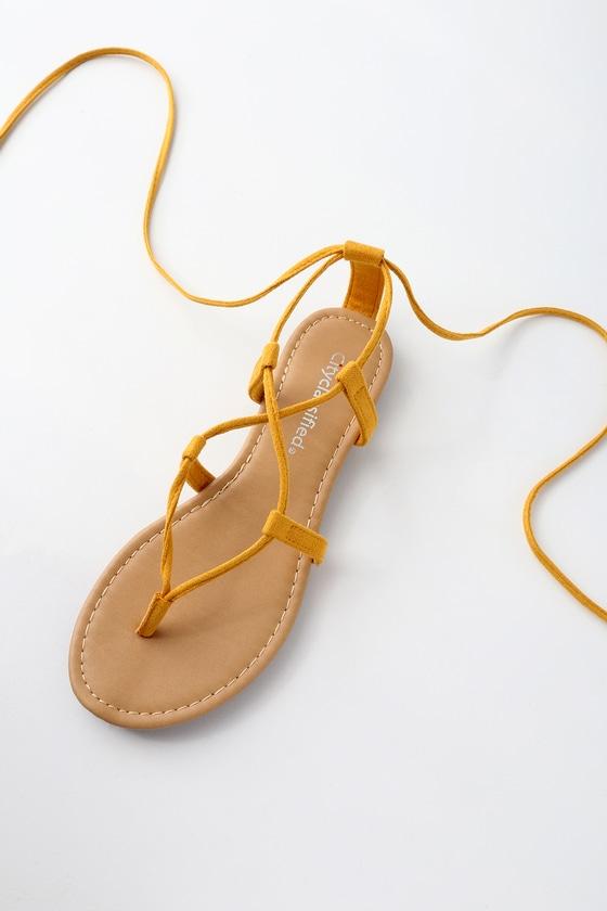Soda Aniyah Mustard Suede Lace-up Flat Sandal Heels | Lulus