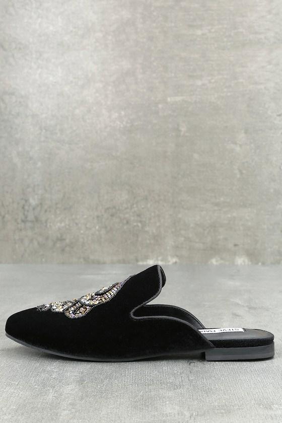 Steve Madden Hyde Black Velvet Rhinestone Loafer Slides | Lulus