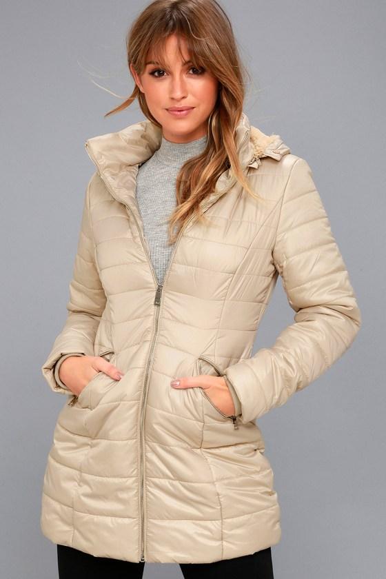 Coalition La | Stay Toasty Beige Hooded Midi Puffer Coat | Size X-small | 100% Polyester | Lulus
