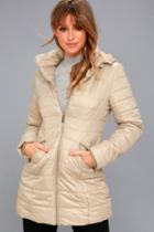 Coalition La | Stay Toasty Beige Hooded Midi Puffer Coat | Size X-small | 100% Polyester | Lulus