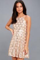 Lulus | Dancing Lights Rose Gold Sequin Skater Dress | Size Large | 100% Polyester