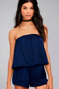 Lulus Catia Navy Blue Satin Strapless Romper