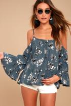 Lulus | Sunup To Sundown Slate Blue Floral Print Off-the-shoulder Top | Size Large