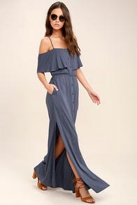 Lulus Life's Wonders Denim Blue Off-the-shoulder Maxi Dress
