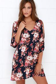 Lulus Shifting Dears Navy Blue Floral Print Dress