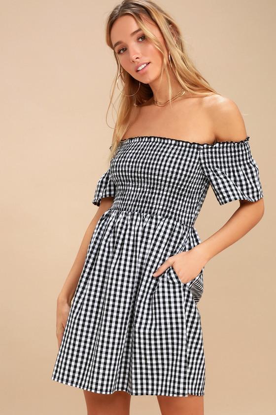 Happy And Plaid Black And White Gingham Off-the-shoulder Dress | Lulus
