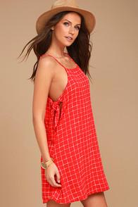 Lulus Style Points Red Grid Print Swing Dress
