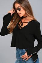 Lulus | Lucky Ones Black Long Sleeve Top | Size Large | 100% Rayon