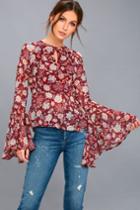 Lulus | Odine Burgundy Floral Print Long Sleeve Top | Size Medium | Red | 100% Polyester