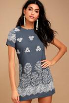 Lulus | Riverside Slate Blue Floral Print Shift Dress | Size X-large | 100% Polyester