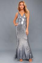 Lulus | Here To Wow Gunmetal Sequin Maxi Dress | Size Large | Silver | 100% Polyester