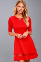 Lulus | Sheer Factor Red Mesh Skater Dress | Size Large | 100% Polyester