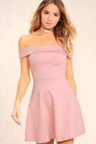 Lulus | Season Of Fun Blush Pink Off-the-shoulder Skater Dress | Size Large | 100% Polyester
