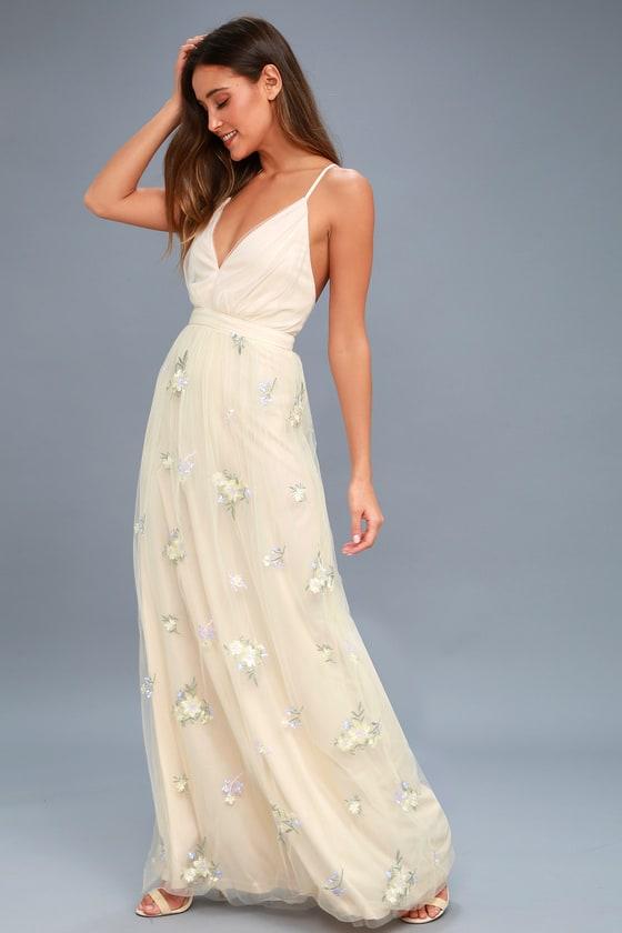 Lorenzo Beige Embroidered Maxi Dress | Lulus