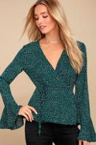 Lulus Love Is Enough Forest Green Polka Dot Wrap Top